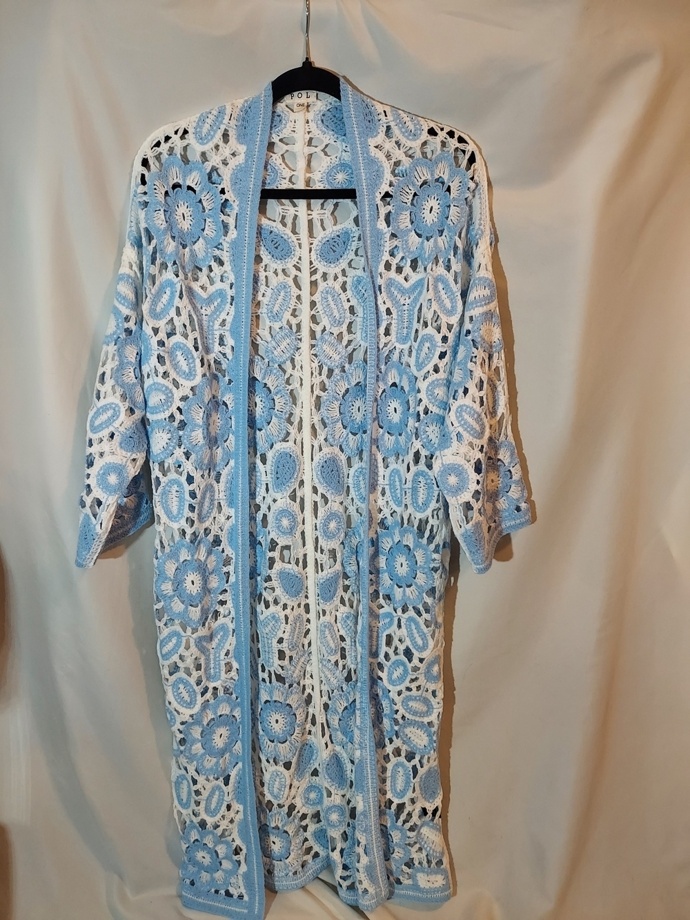 POL Boho Blue White Floral Crochet Open Front Knit Weave Duster Cardigan OS